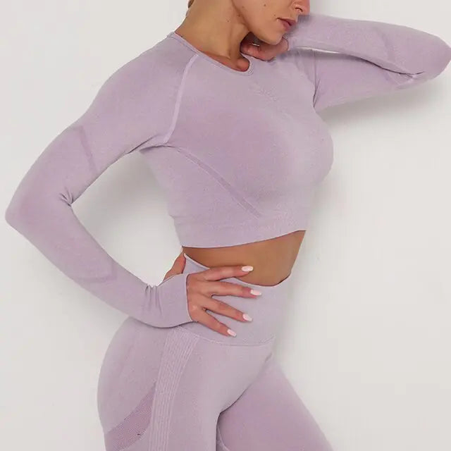 Women Sport Seamless Tops O Neck Long Sleeve Breathable