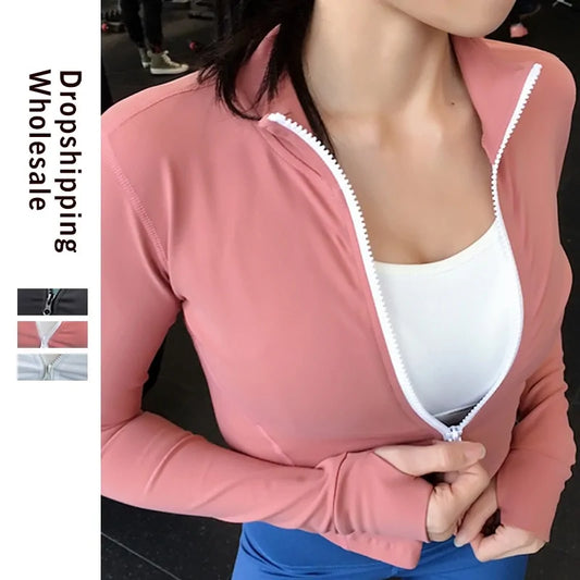 Women's Slim Zipper Sports Gym Running Long Sleeve Crop Tops