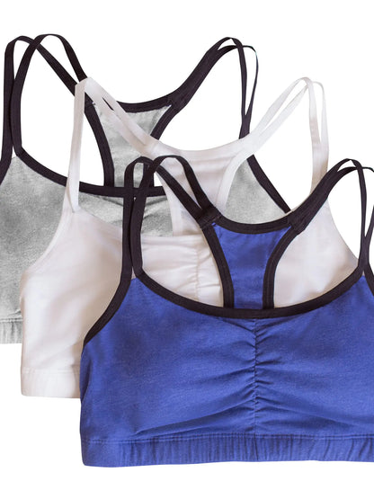 Fruit of the Loom womens Spaghetti Strap Cotton Pull Over 3 Pack Sports Bra 40 Navy Heather/White/Grey Heather