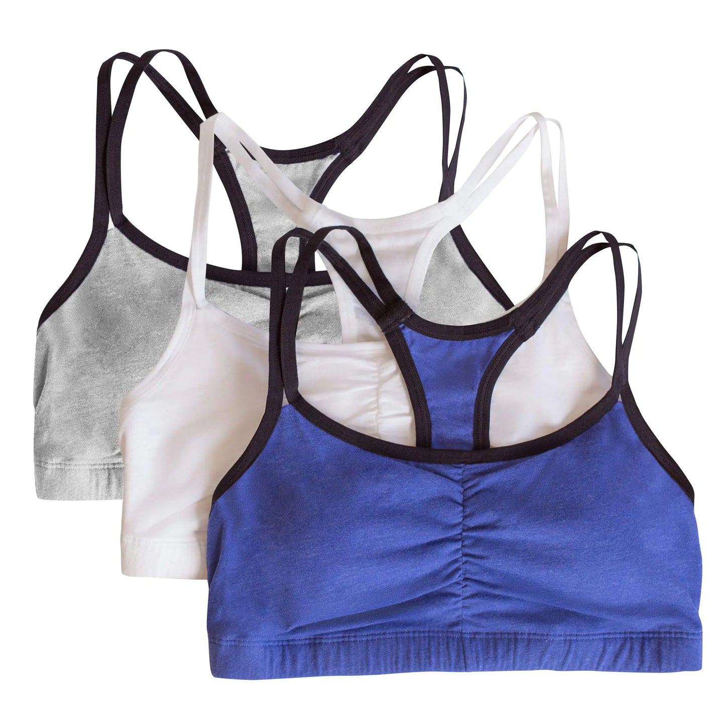 Fruit of the Loom womens Spaghetti Strap Cotton Pull Over 3 Pack Sports Bra 40 Navy Heather/White/Grey Heather