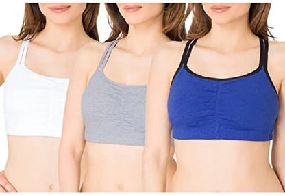 Fruit of the Loom womens Spaghetti Strap Cotton Pull Over 3 Pack Sports Bra 40 Navy Heather/White/Grey Heather