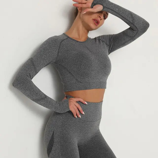 Women Sport Seamless Tops O Neck Long Sleeve Breathable